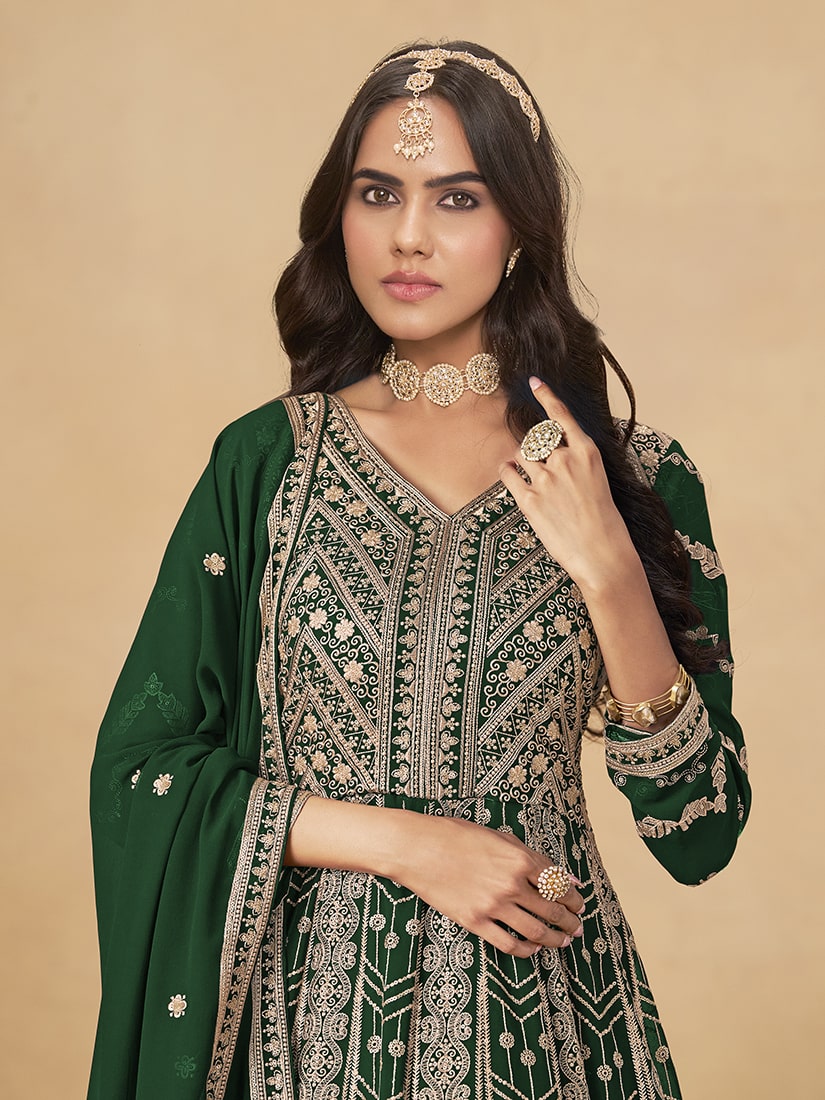 Monjolika Fashion Faux Georgette Embroidered Dark Green Engagement Wear Anarkali Suit | Grocsy