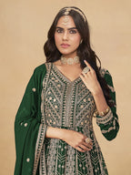 Monjolika Fashion Faux Georgette Embroidered Dark Green Engagement Wear Anarkali Suit | Grocsy