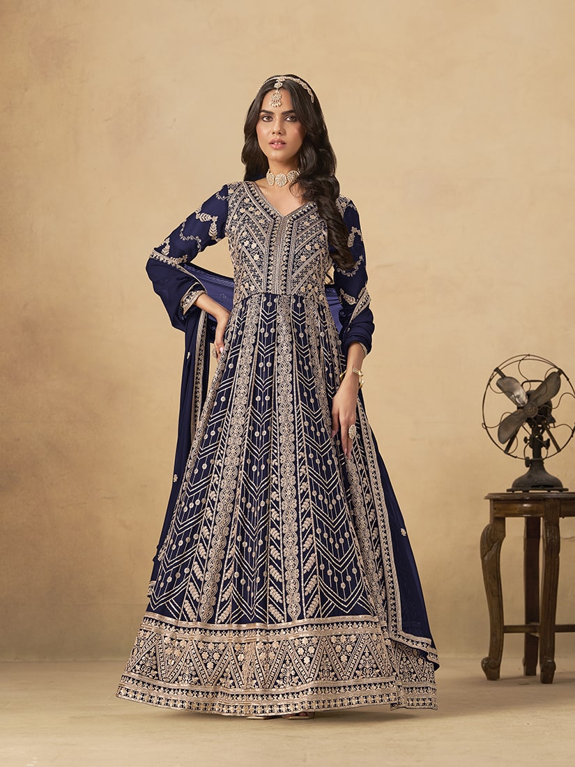 Monjolika Fashion Faux Georgette Embroidered Navy Blue Engagement Wear Anarkali Suit | Grocsy