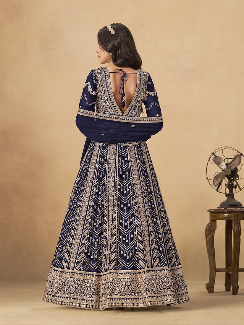 Monjolika Fashion Faux Georgette Embroidered Navy Blue Engagement Wear Anarkali Suit | Grocsy