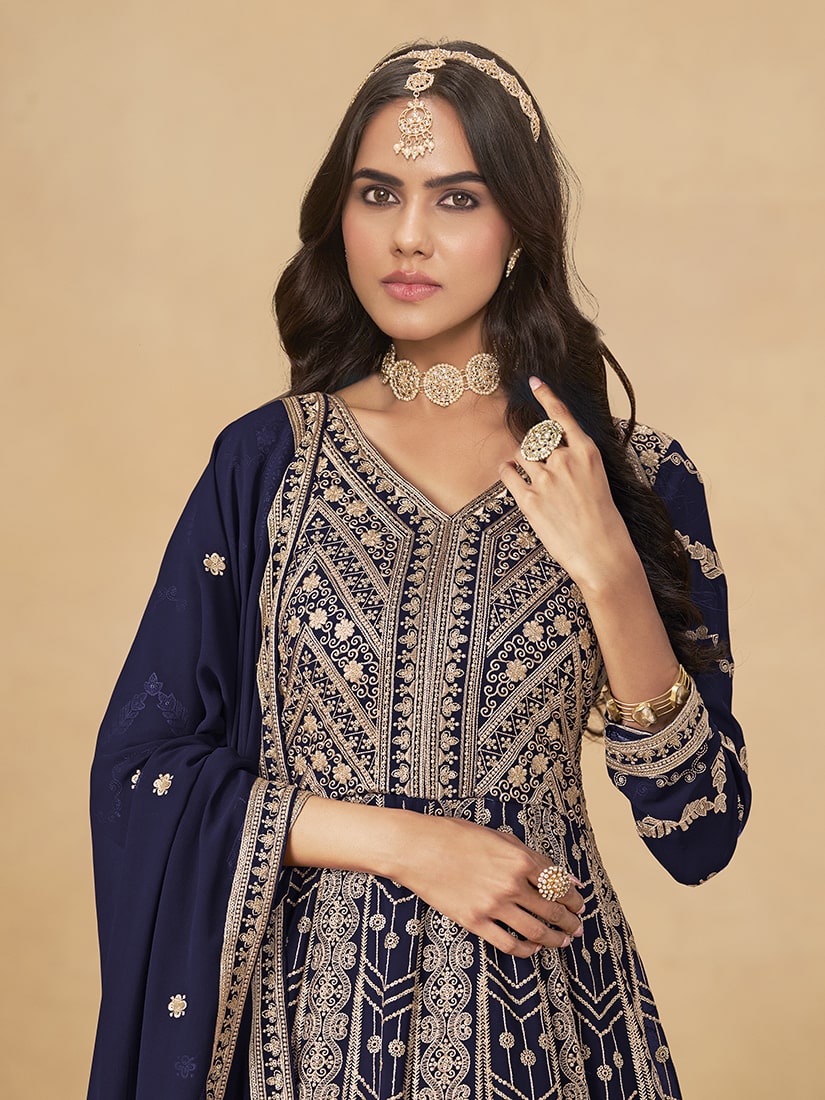 Monjolika Fashion Faux Georgette Embroidered Navy Blue Engagement Wear Anarkali Suit | Grocsy