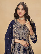 Monjolika Fashion Faux Georgette Embroidered Navy Blue Engagement Wear Anarkali Suit | Grocsy