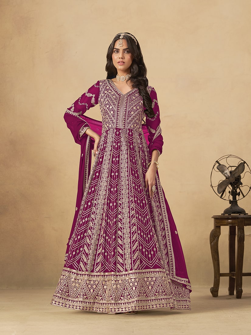 Monjolika Fashion Faux Georgette Embroidered Rani Pink Engagement Wear Anarkali Suit | Grocsy