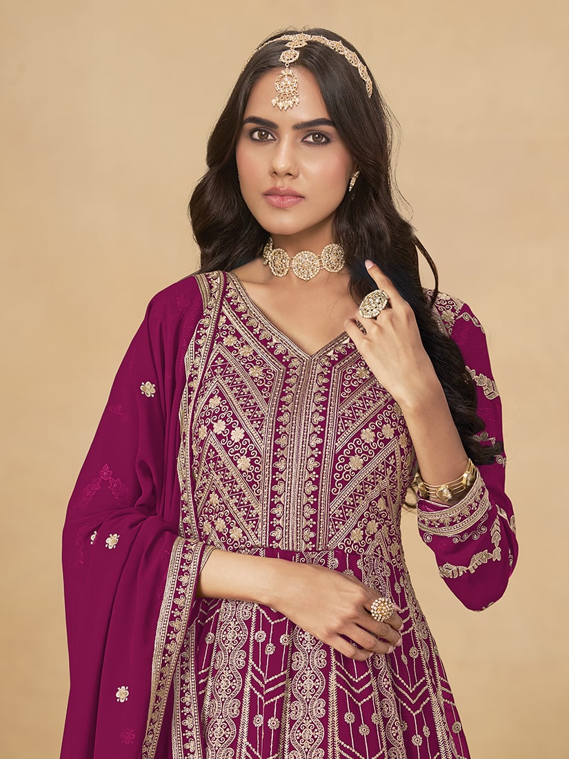 Monjolika Fashion Faux Georgette Embroidered Rani Pink Engagement Wear Anarkali Suit | Grocsy