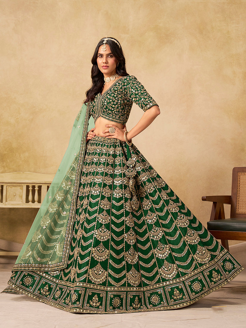Monjolika Fashion Green Color Zari Embroidered Work Art Silk A Line Lehenga Choli | Grocsy