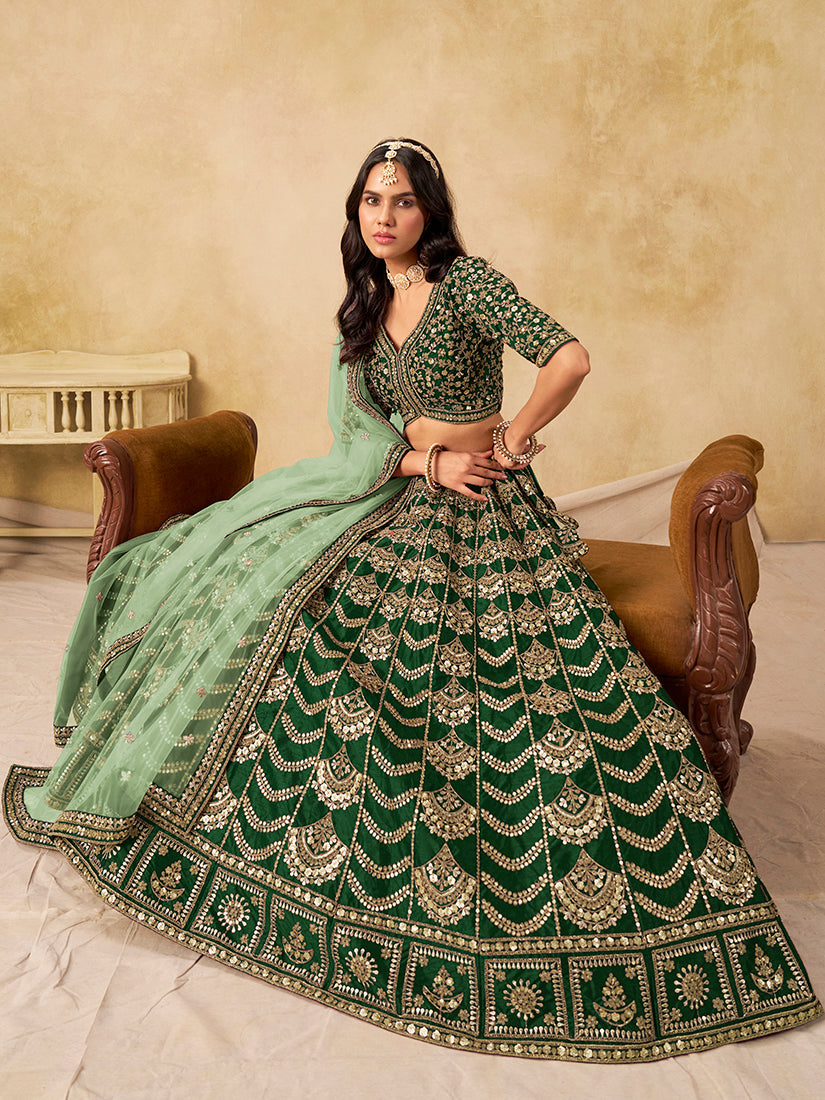 Monjolika Fashion Green Color Zari Embroidered Work Art Silk A Line Lehenga Choli | Grocsy