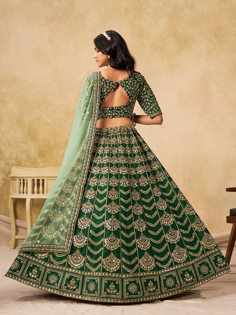 Monjolika Fashion Green Color Zari Embroidered Work Art Silk A Line Lehenga Choli | Grocsy