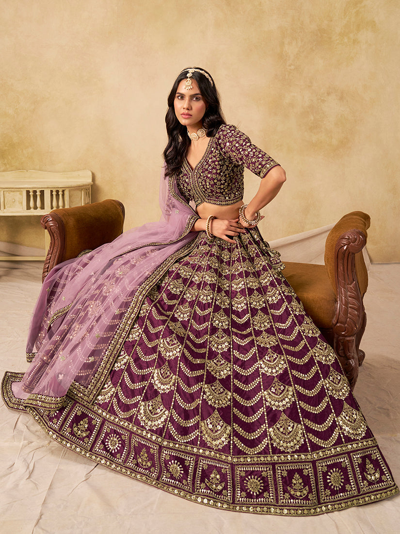Monjolika Fashion Purple Color Zari Embroidered Work Art Silk A Line Lehenga Choli | Grocsy