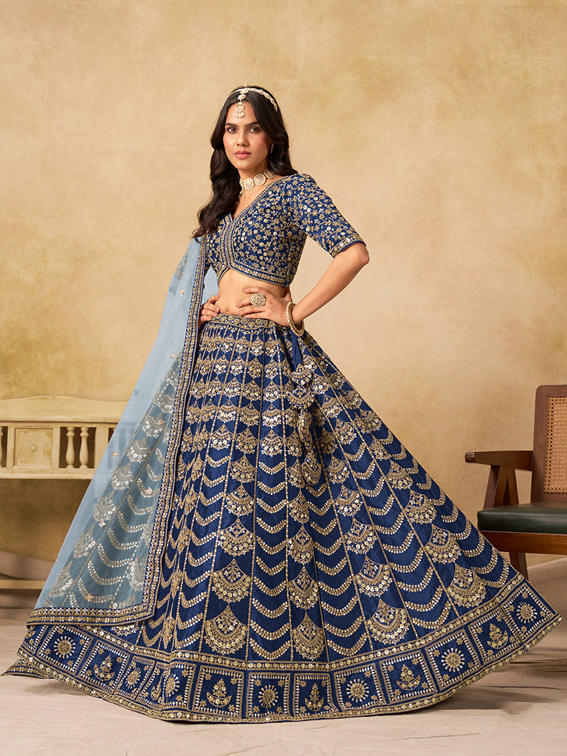 Monjolika Fashion Navy Blue Color Zari Embroidered Work Art Silk A Line Lehenga Choli | Grocsy