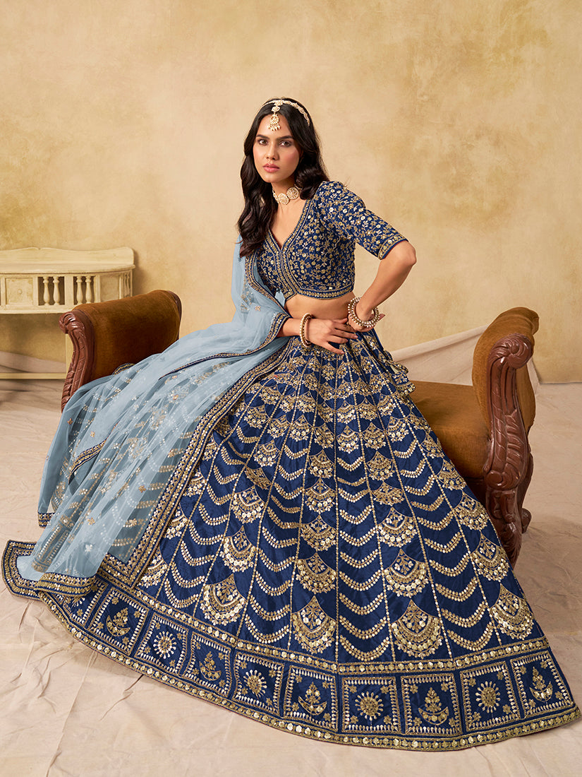 Monjolika Fashion Navy Blue Color Zari Embroidered Work Art Silk A Line Lehenga Choli | Grocsy