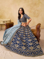 Monjolika Fashion Navy Blue Color Zari Embroidered Work Art Silk A Line Lehenga Choli | Grocsy