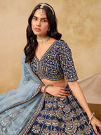 Monjolika Fashion Navy Blue Color Zari Embroidered Work Art Silk A Line Lehenga Choli | Grocsy