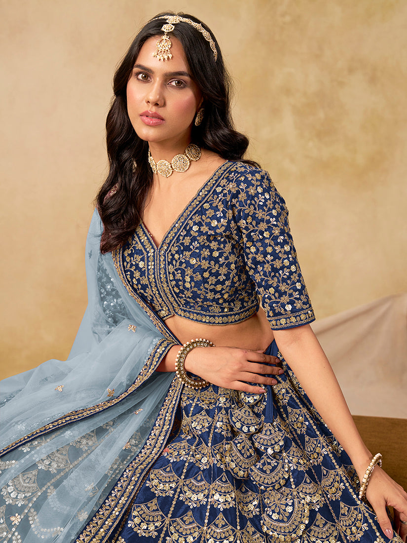 Monjolika Fashion Navy Blue Color Zari Embroidered Work Art Silk A Line Lehenga Choli | Grocsy
