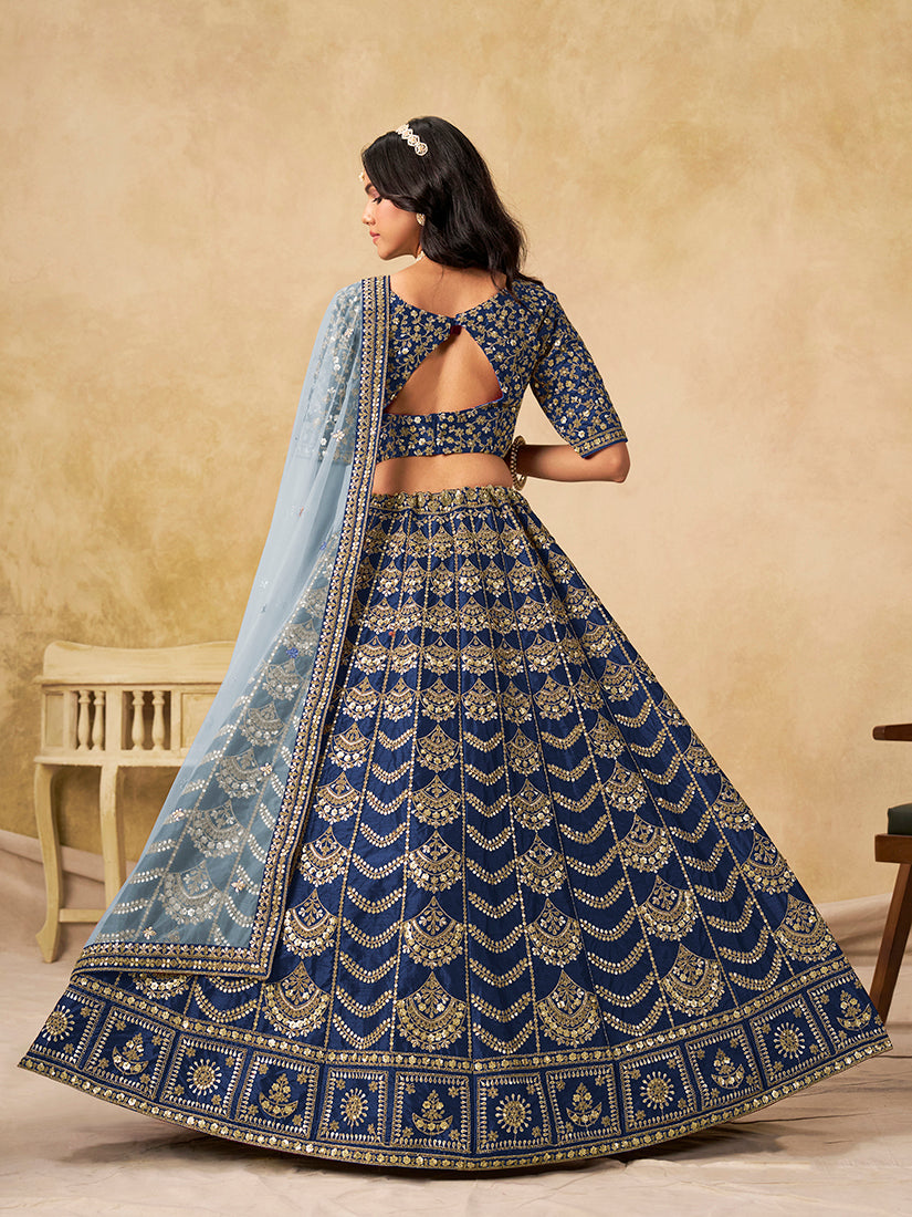 Monjolika Fashion Navy Blue Color Zari Embroidered Work Art Silk A Line Lehenga Choli | Grocsy