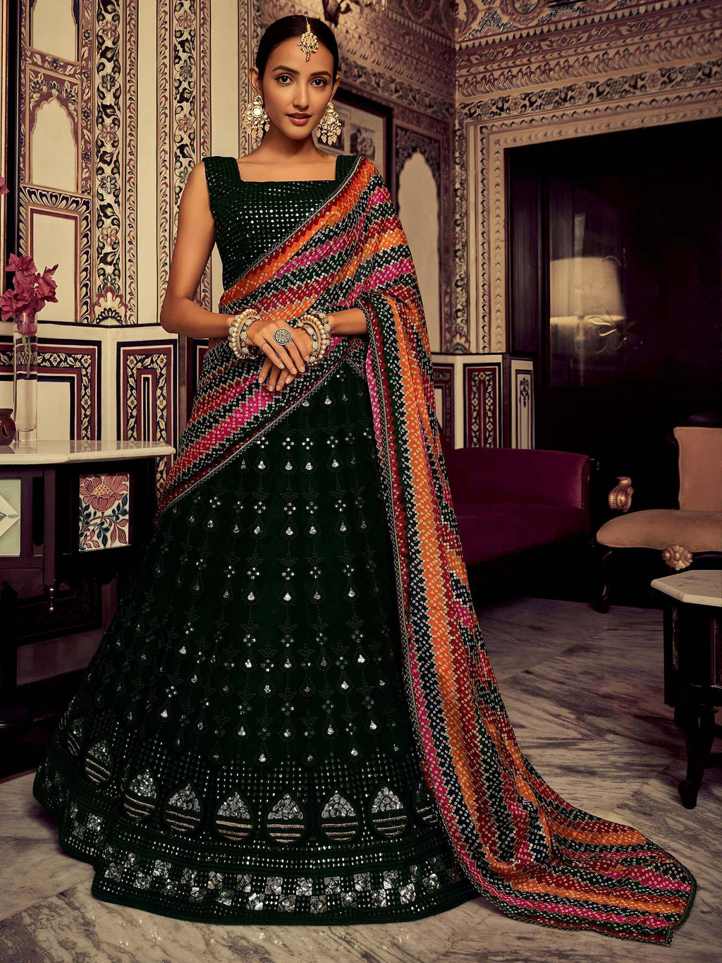 Tulsi Art Captivating Bottle Green Thread Work Georgette Lehenga Choli With Dupatta | Grocsy