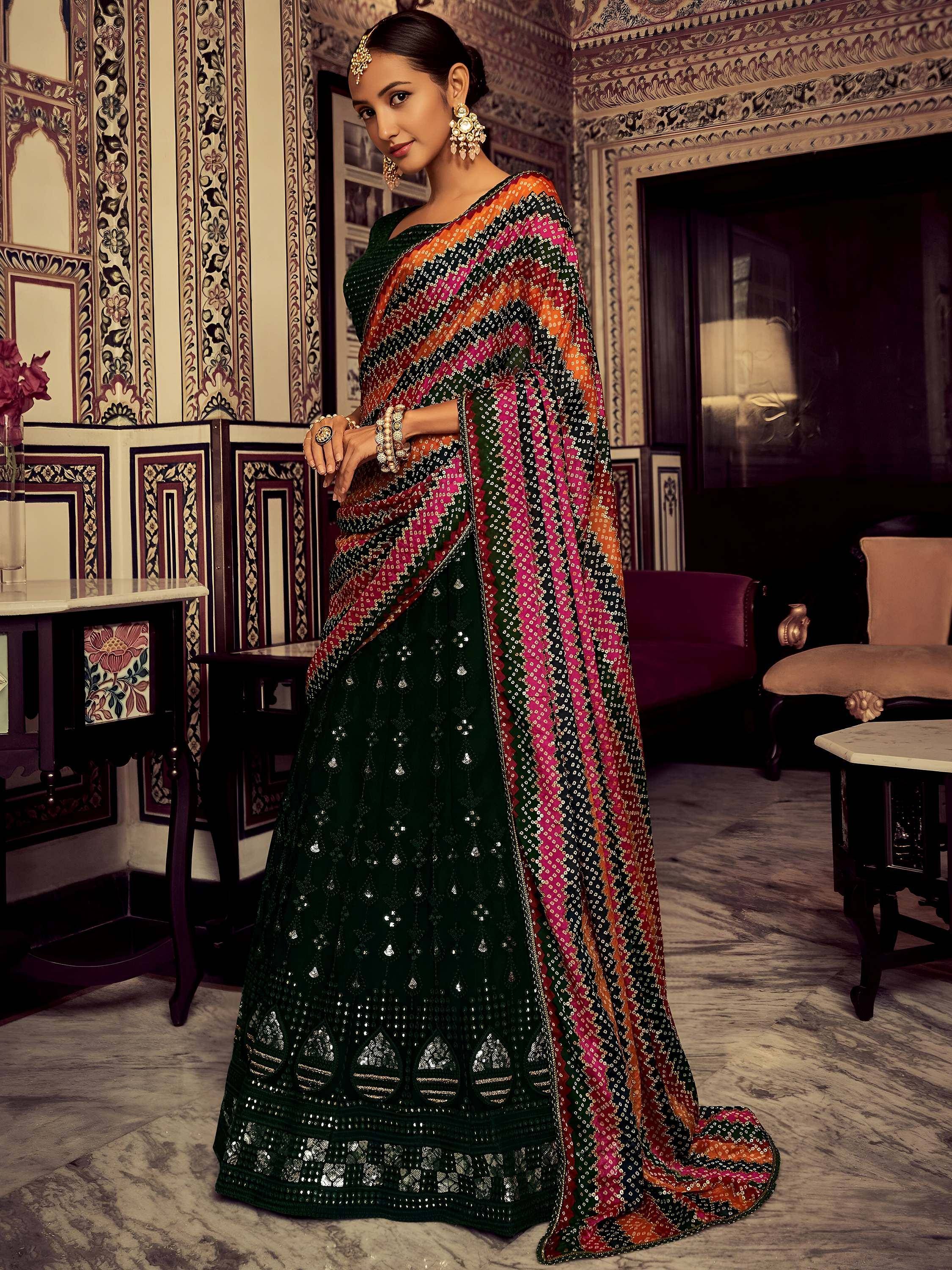 Tulsi Art Captivating Bottle Green Thread Work Georgette Lehenga Choli With Dupatta | Grocsy
