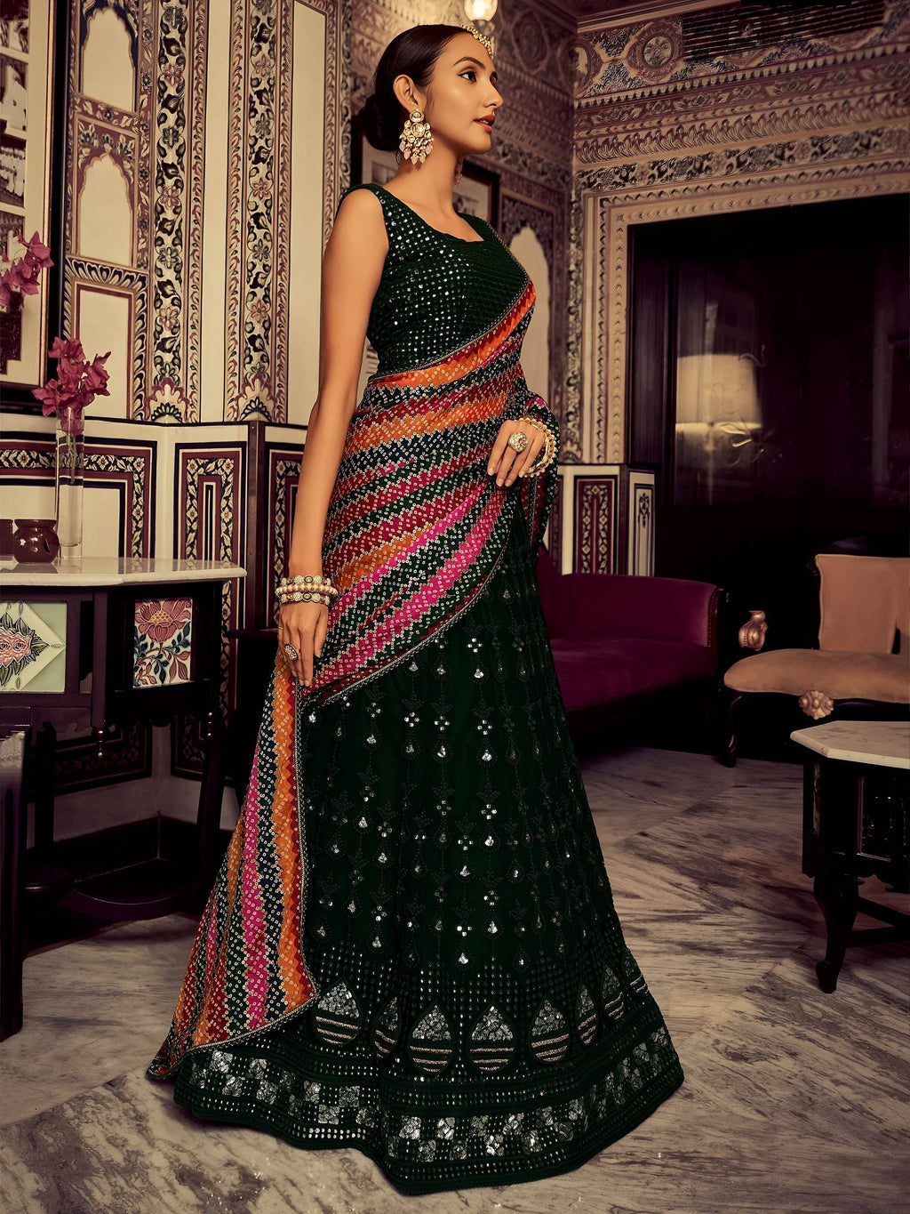 Tulsi Art Captivating Bottle Green Thread Work Georgette Lehenga Choli With Dupatta | Grocsy