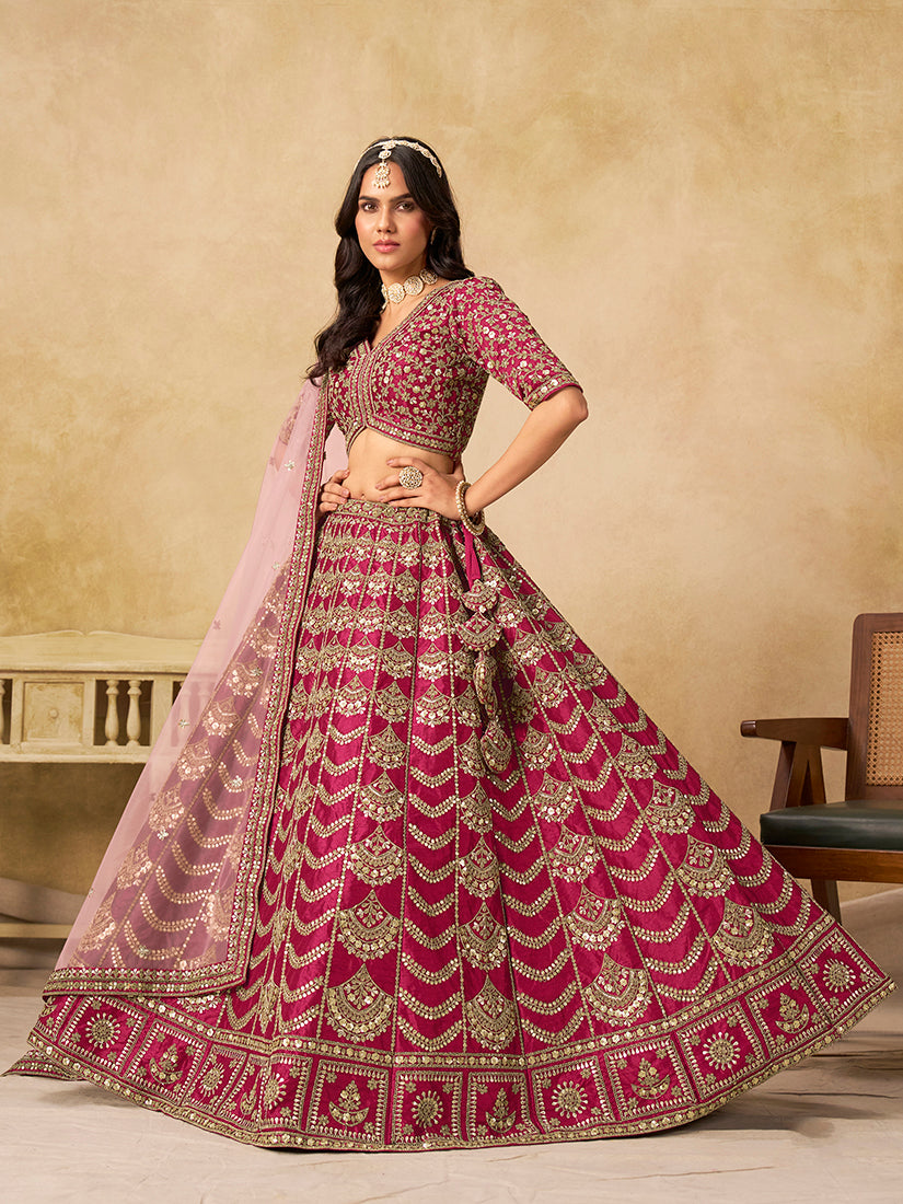 Monjolika Fashion Rani Pink Color Zari Embroidered Work Art Silk A Line Lehenga Choli | Grocsy