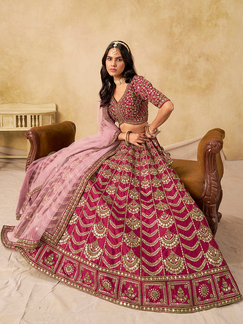 Monjolika Fashion Rani Pink Color Zari Embroidered Work Art Silk A Line Lehenga Choli | Grocsy