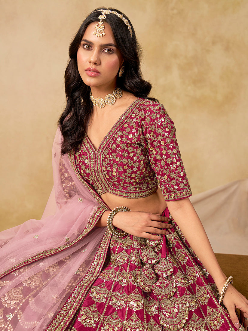 Monjolika Fashion Rani Pink Color Zari Embroidered Work Art Silk A Line Lehenga Choli | Grocsy