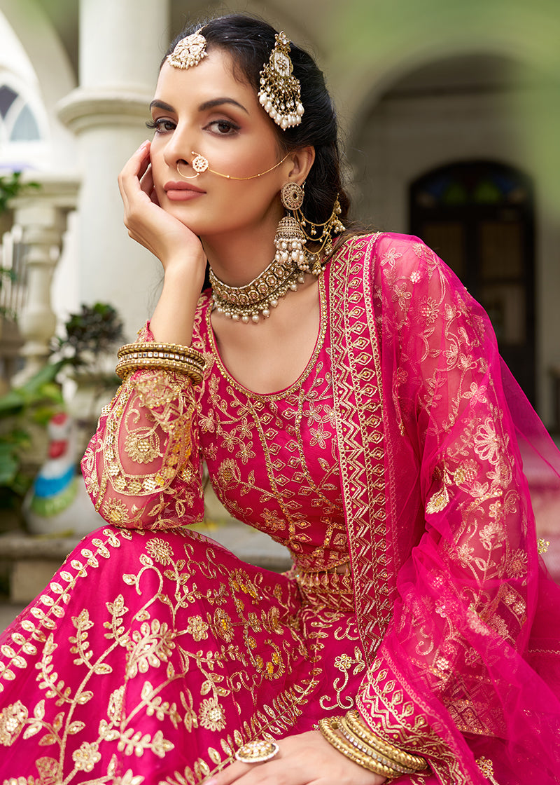 Monjolika Fashion Rani Pink Butterfly Net Embroidered Work Stunning Lehenga For Wedding Season | Grocsy