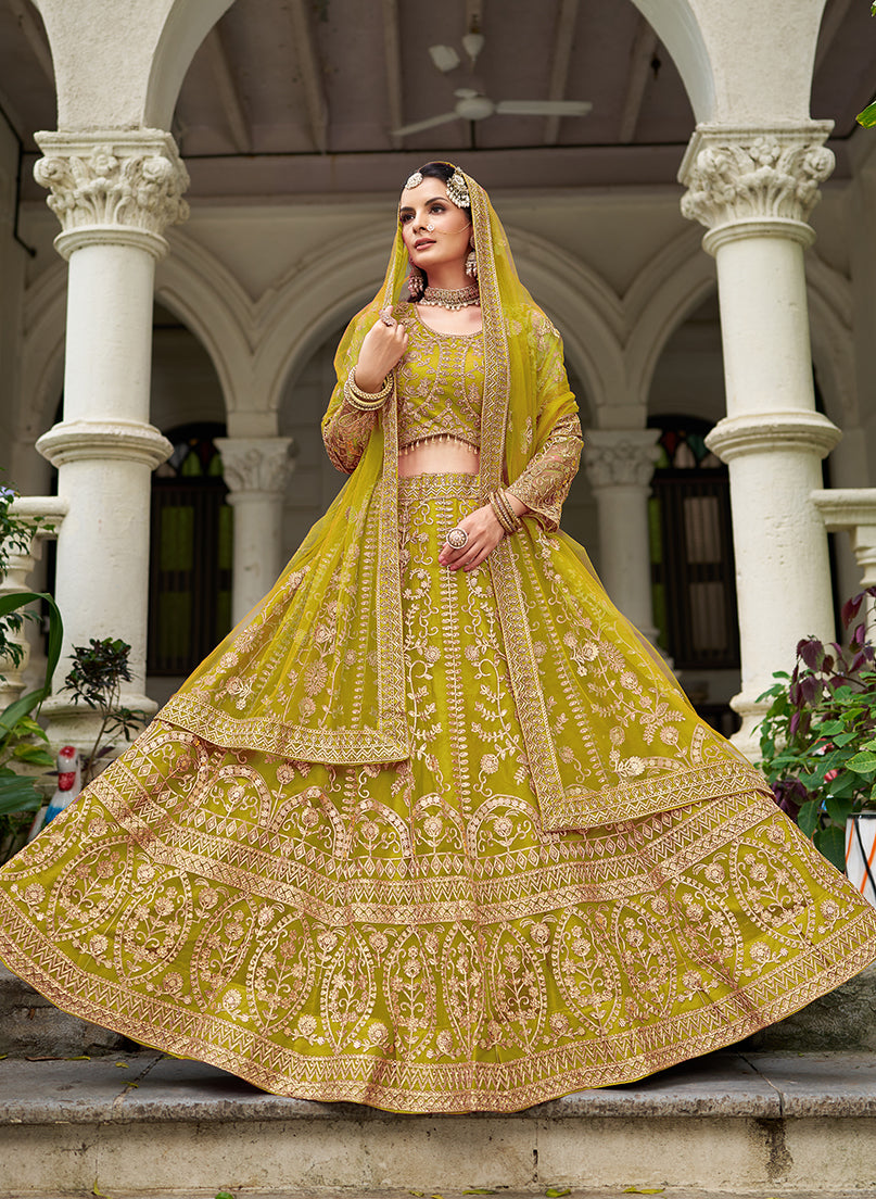 Monjolika Fashion Parrot Green Butterfly Net Embroidered Work Stunning Lehenga For Wedding Season | Grocsy