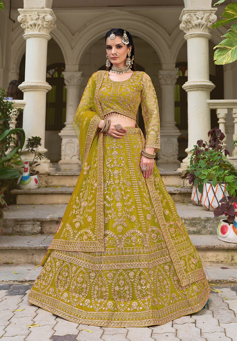 Monjolika Fashion Parrot Green Butterfly Net Embroidered Work Stunning Lehenga For Wedding Season | Grocsy