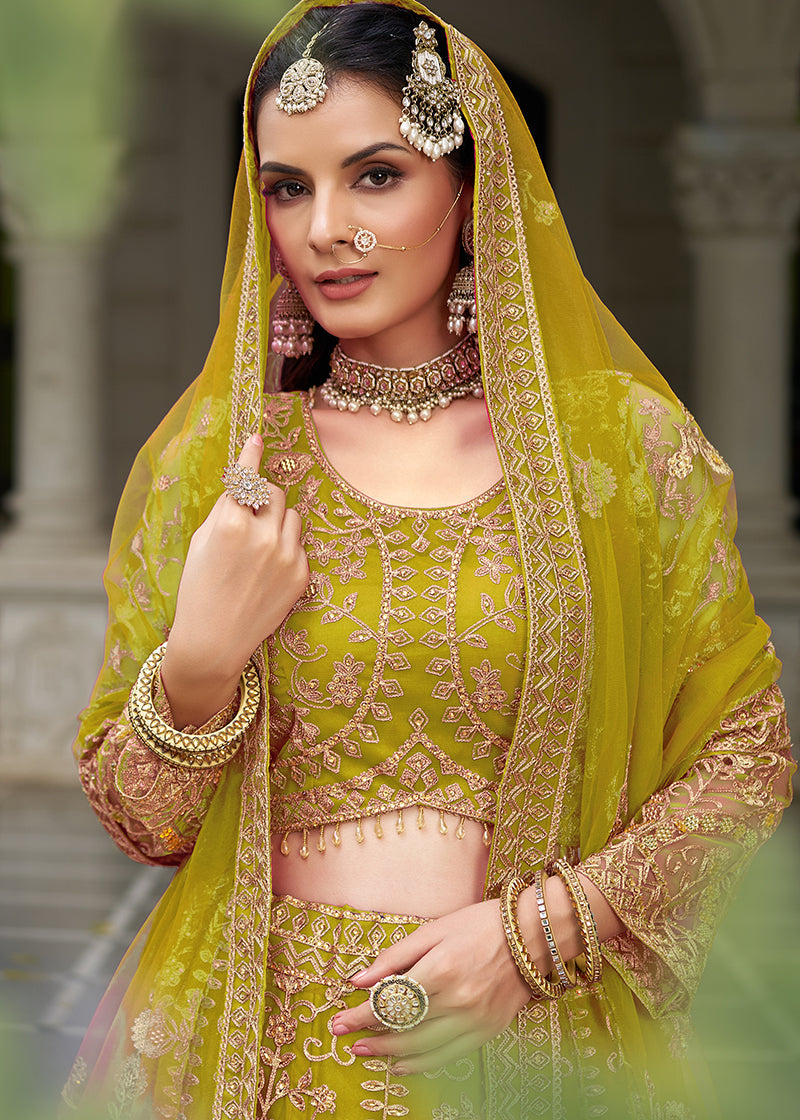 Monjolika Fashion Parrot Green Butterfly Net Embroidered Work Stunning Lehenga For Wedding Season | Grocsy