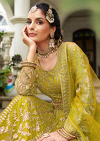 Monjolika Fashion Parrot Green Butterfly Net Embroidered Work Stunning Lehenga For Wedding Season | Grocsy