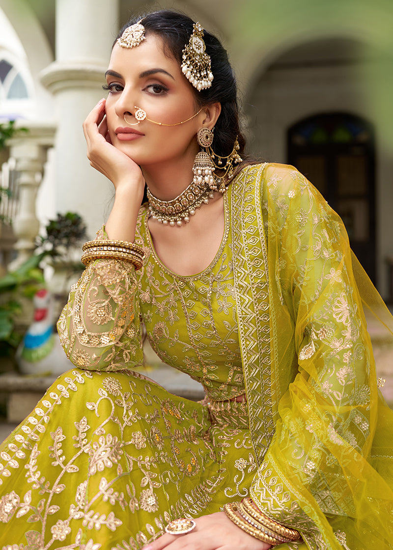 Monjolika Fashion Parrot Green Butterfly Net Embroidered Work Stunning Lehenga For Wedding Season | Grocsy