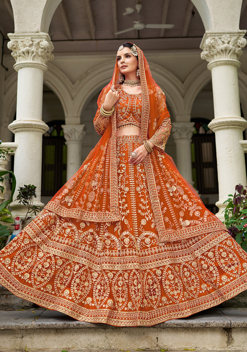 Monjolika Fashion Orange Butterfly Net Embroidered Work Stunning Lehenga For Wedding Season | Grocsy