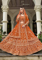 Monjolika Fashion Orange Butterfly Net Embroidered Work Stunning Lehenga For Wedding Season | Grocsy