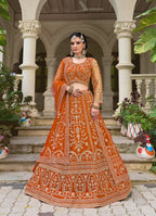 Monjolika Fashion Orange Butterfly Net Embroidered Work Stunning Lehenga For Wedding Season | Grocsy
