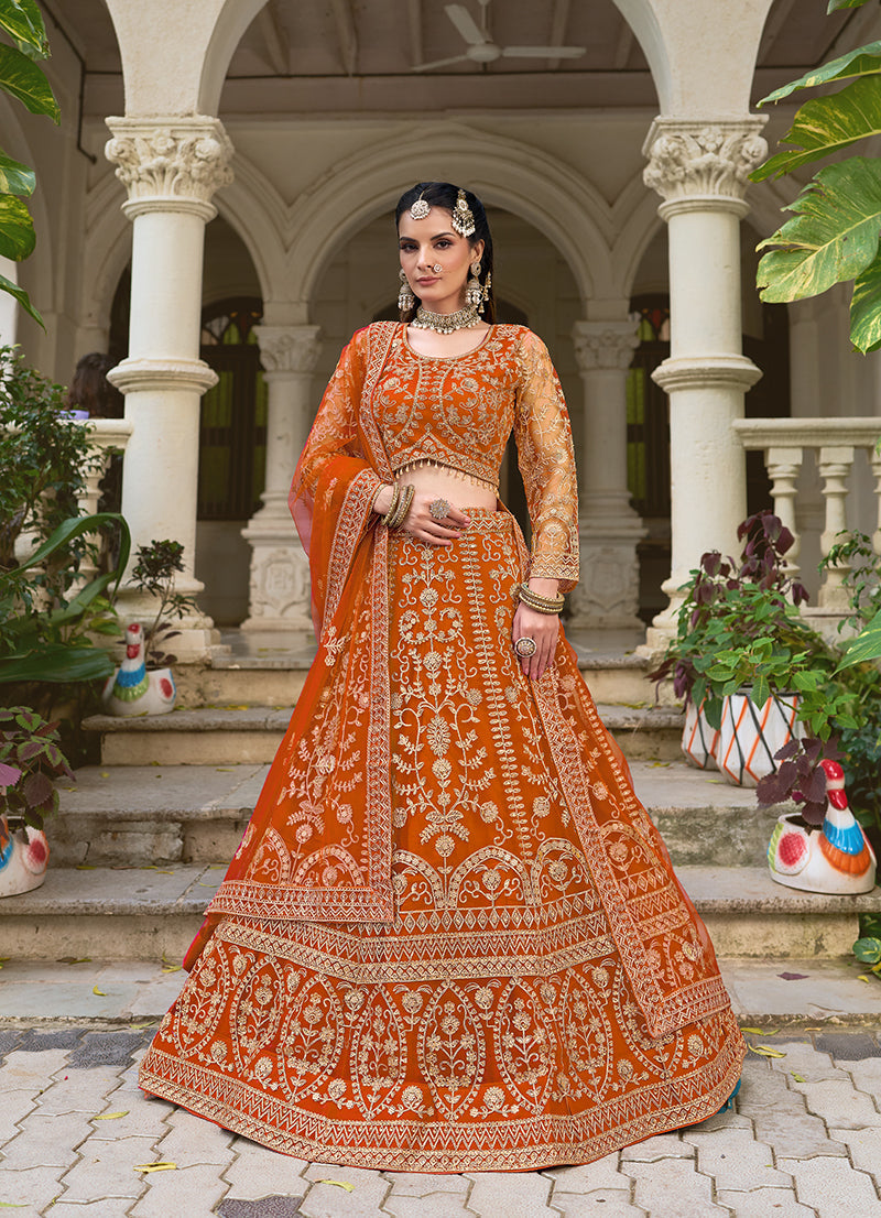 Monjolika Fashion Orange Butterfly Net Embroidered Work Stunning Lehenga For Wedding Season | Grocsy