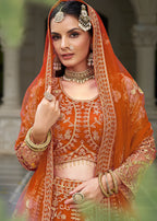 Monjolika Fashion Orange Butterfly Net Embroidered Work Stunning Lehenga For Wedding Season | Grocsy