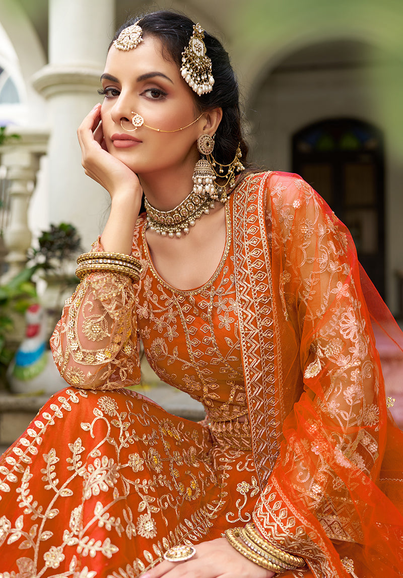 Monjolika Fashion Orange Butterfly Net Embroidered Work Stunning Lehenga For Wedding Season | Grocsy