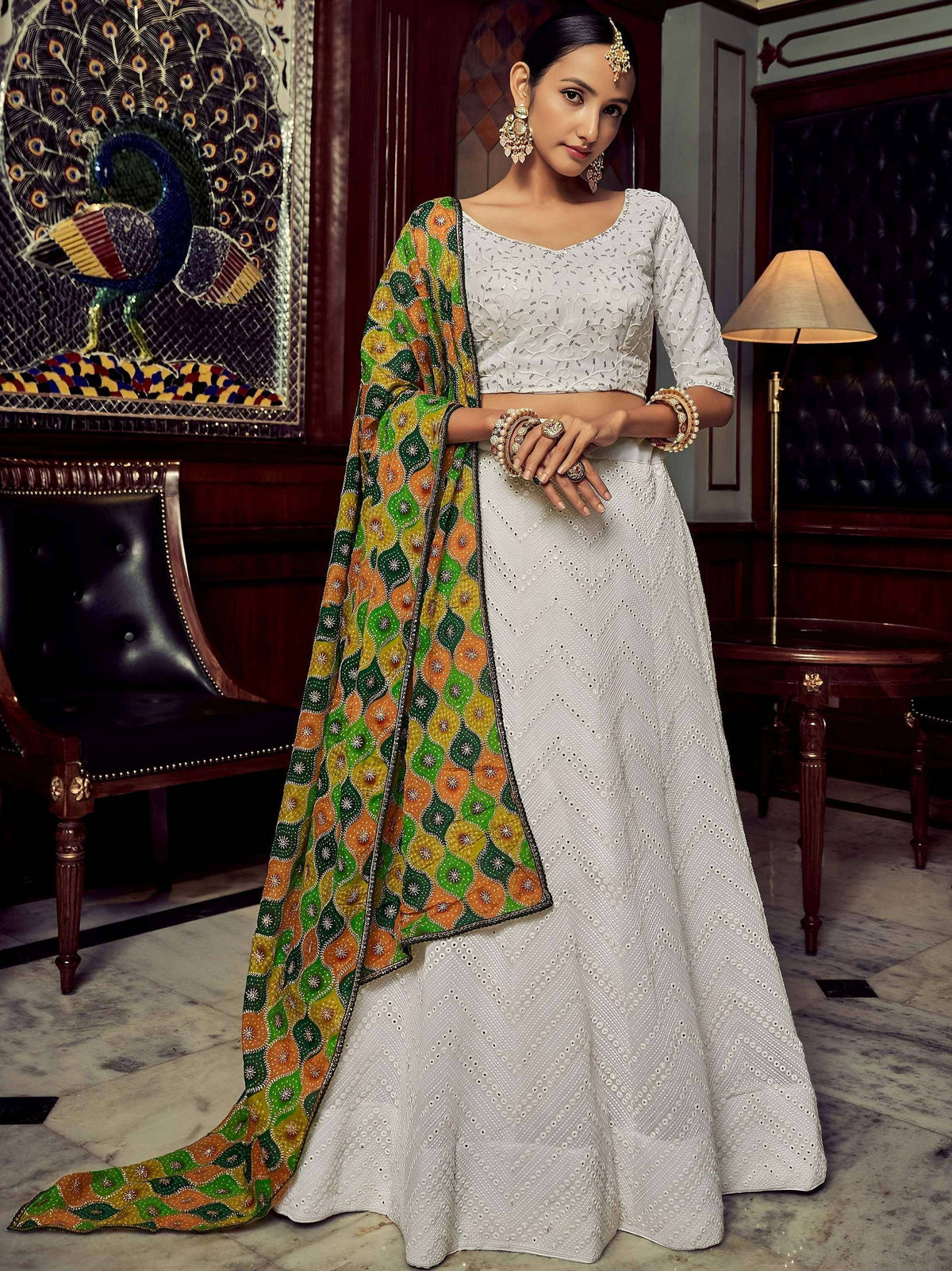 Tulsi Art Wonderful White Sequins Georgette Sangeet Wear Lehenga Choli With Dupatta | Grocsy