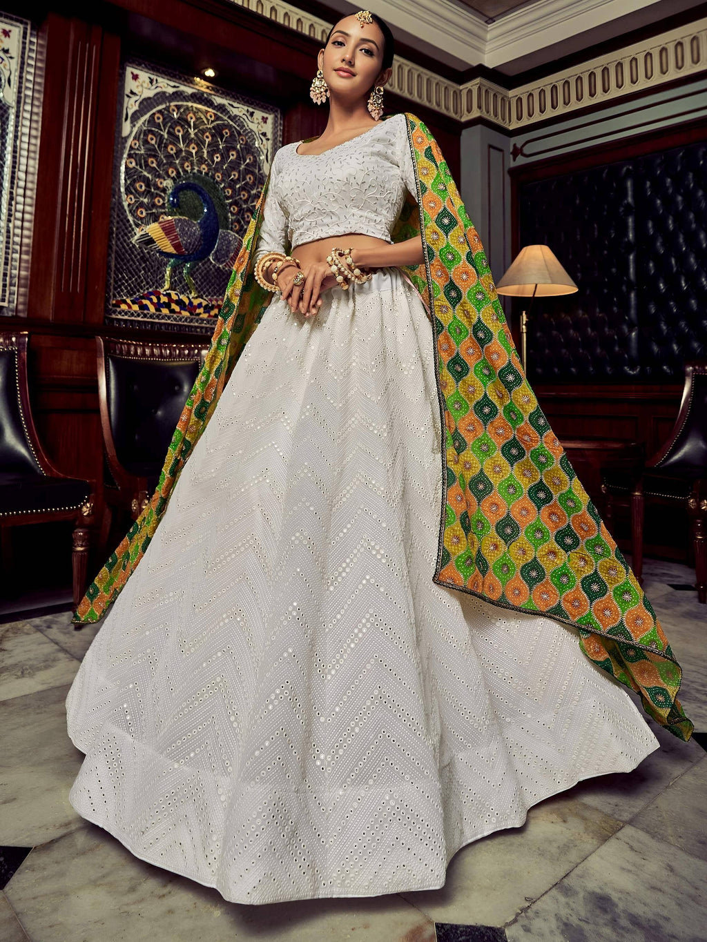 Tulsi Art Wonderful White Sequins Georgette Sangeet Wear Lehenga Choli With Dupatta | Grocsy