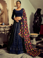 Tulsi Art Excellent Navy Blue Thread Work Georgette Event Wear Lehenga Choli | Grocsy