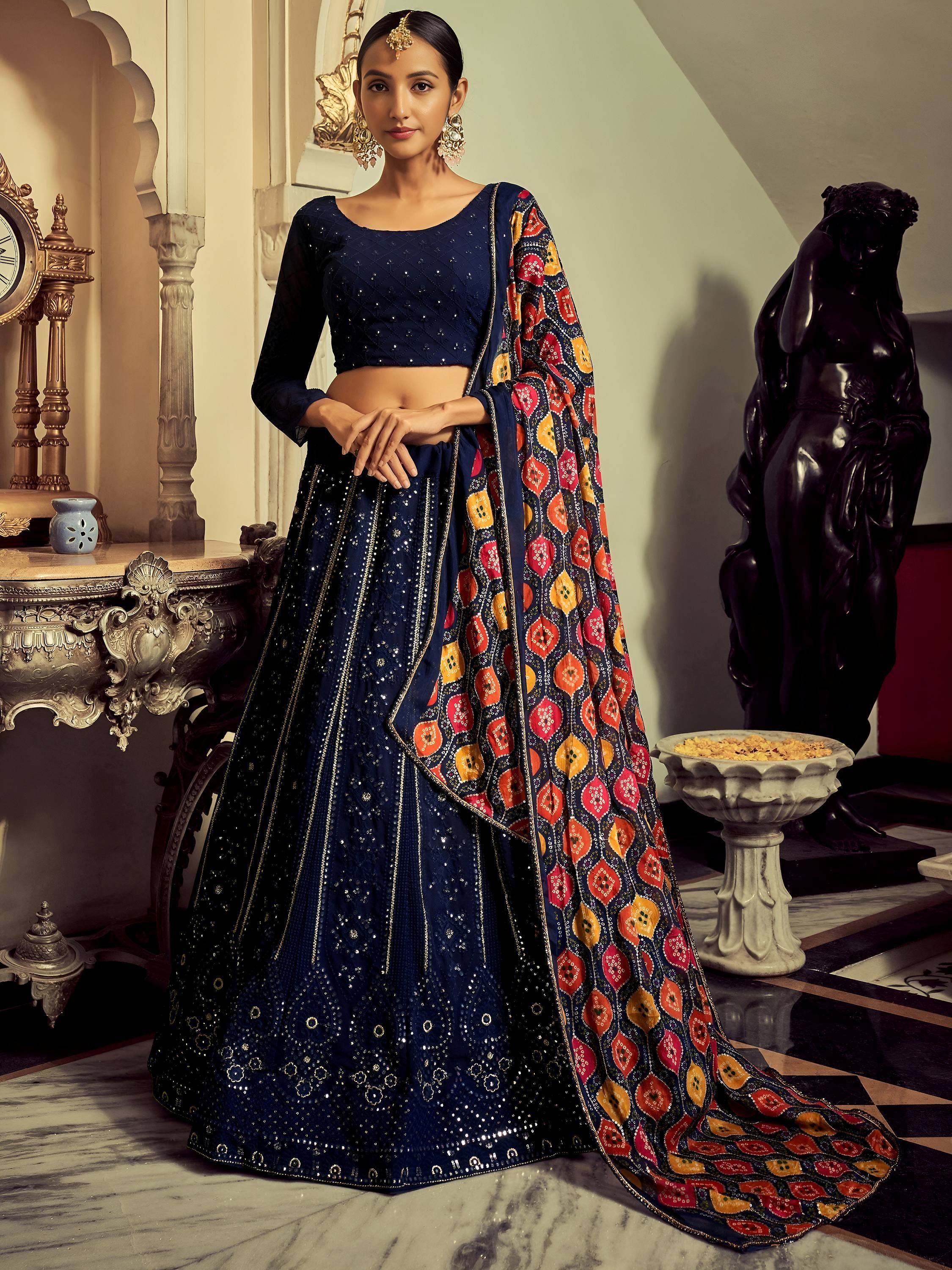 Tulsi Art Excellent Navy Blue Thread Work Georgette Event Wear Lehenga Choli | Grocsy