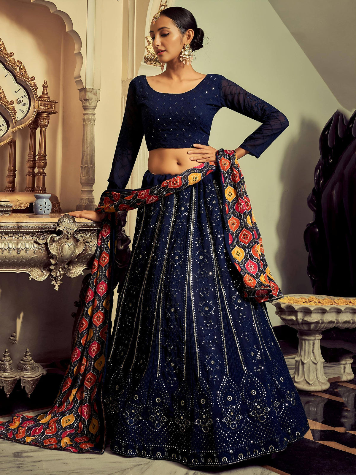Tulsi Art Excellent Navy Blue Thread Work Georgette Event Wear Lehenga Choli | Grocsy