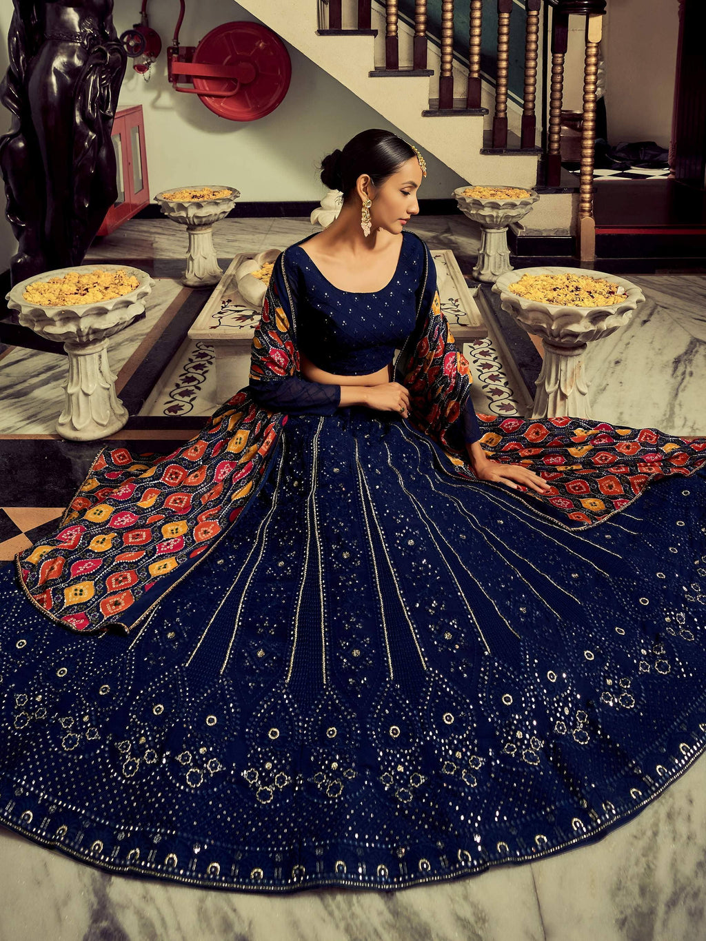 Tulsi Art Excellent Navy Blue Thread Work Georgette Event Wear Lehenga Choli | Grocsy