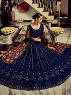 Tulsi Art Excellent Navy Blue Thread Work Georgette Event Wear Lehenga Choli | Grocsy