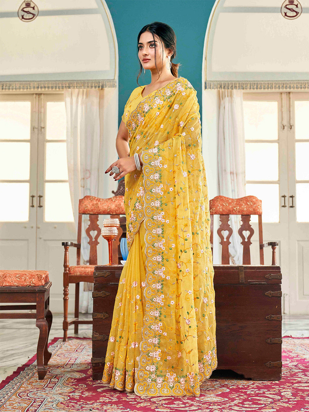 Tikhi Imli Yellow Ethnic Motifs Beads and Stones Embroidered Saree | Grocsy