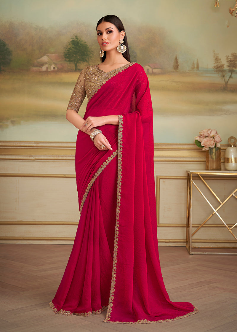 Monjolika Fashion Red Shining Georgette Embroidered Border Party Trendy Saree | Grocsy