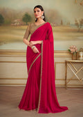 Monjolika Fashion Red Shining Georgette Embroidered Border Party Trendy Saree | Grocsy