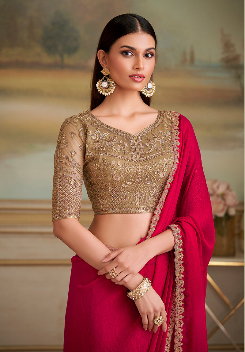 Monjolika Fashion Red Shining Georgette Embroidered Border Party Trendy Saree | Grocsy