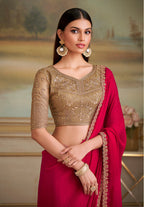 Monjolika Fashion Red Shining Georgette Embroidered Border Party Trendy Saree | Grocsy