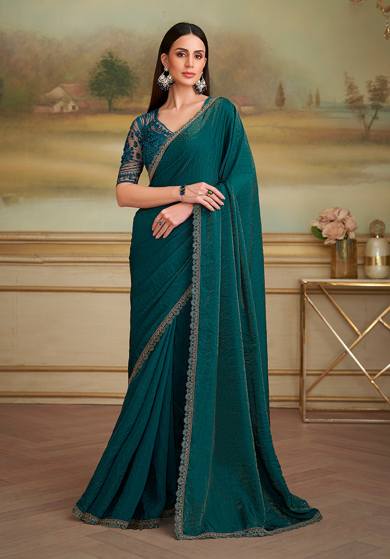 Monjolika Fashion Bottle Green Shining Georgette Embroidered Border Party Trendy Saree | Grocsy
