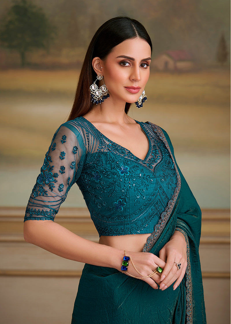 Monjolika Fashion Bottle Green Shining Georgette Embroidered Border Party Trendy Saree | Grocsy
